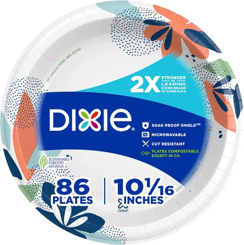 Miniatura 12 de Dixie Platos de papel grandes, 10 pulgadas, 54 unidades, 2 veces más fuertes, aptos para microondas, a prueba de remojos, resistentes a cortes
