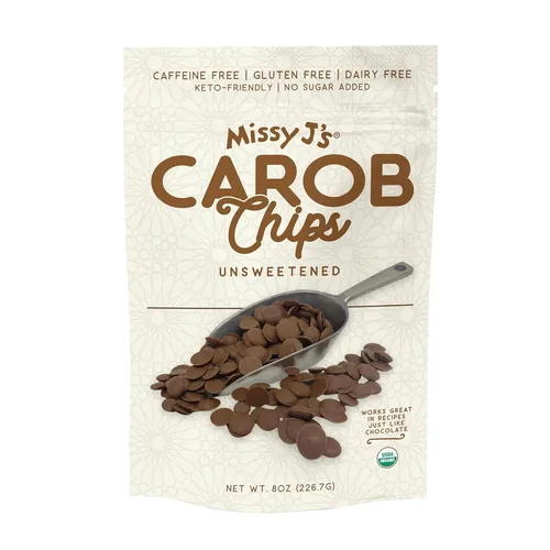 Miniatura 10 de Missy J's Chips de algarrobo orgánico sin azúcar, 8 onzas, veganos y sin gluten, sustituto de chocolate saludable sin cafeína para hornear
