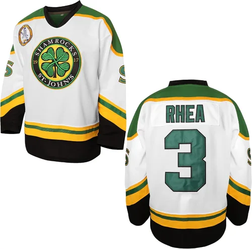 3 Ross The Boss Rhea - Camiseta de hockey para hombre, tréboles de ST John's cosidos con parche EMHL blanco, verde, negro, 3 Verde
