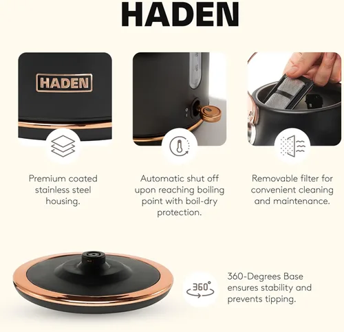 Miniatura 3 de Haden Heritage 1.7 litros Hervidor Eléctrico de Acero Inoxidable, Hervidor de Agua Caliente para Té con Base de 360 Grados y Apagado Automático