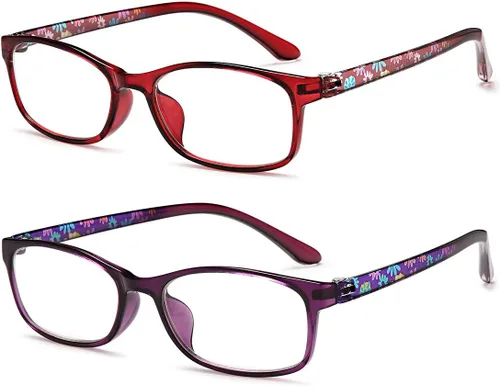 Miniatura 7 de EYEURL Gafas de lectura para mujer, con bloqueo de luz azul, juego de 2 patrones con diseño de valor para lectura (púrpura/rojo, 1.5)
