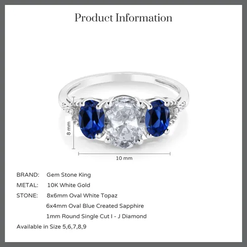 Miniatura 4 de Gem Stone King Anillo de compromiso de oro blanco de 10 quilates con topacio blanco y zafiro creado con diamantes y diamantes para mujer (2.35 qttw)