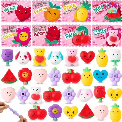 JOYIN Paquete de 30 tarjetas de regalo para el día de San Valentín con juguetes esponjosos Mochi de frutas, juguetes para aliviar el estrés, juguete