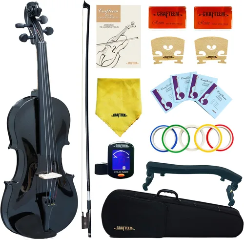 CRAFTEEM 1/2 Conjunto de violín negro premium hecho a mano para principiantes, adultos y niños con cinta adhesiva para dedos de 5 colores - Violín