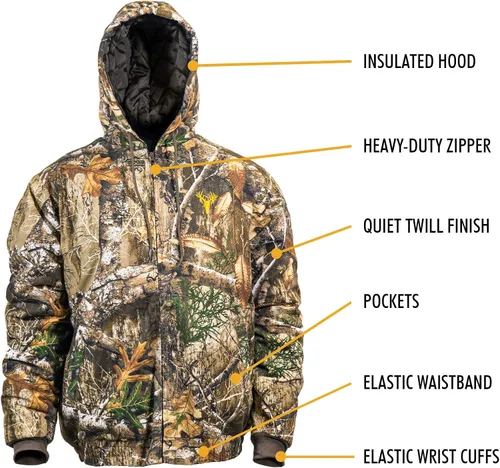 Miniatura 11 de HOT SHOT Chaqueta de caza de camuflaje de sarga aislada para hombre, camuflaje con carcasa de algodón, para clima frío, caza de aves y ciervos