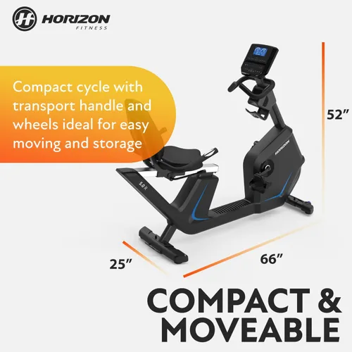 Miniatura 7 de Bicicleta reclinada Horizon Fitness 5.0R, para fitness y cardio, bicicleta de ciclismo con resistencia magnética y Bluetooth, asiento cómodo