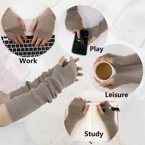 Miniatura 57 de Facecozy Calentadores de brazos para mujer, mezcla de lana de cachemira, guantes largos sin dedos para mujer, guantes para clima frío con agujero