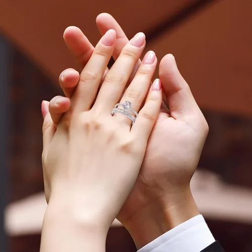 Miniatura 3 de Juego de 2 anillos de diamantes para parejas, juego de anillos de diamantes con microincrustaciones de lujo, joyería de compromiso para mujer