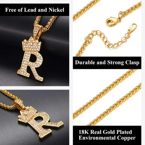 Miniatura 6 de Richsteel A-Z Crown Initial Necklace for Men Women 18K Gold Plated Shiny Cubic Zirconia Monogram Pendant with 22'' Chain+2'' (Extended) Fashion