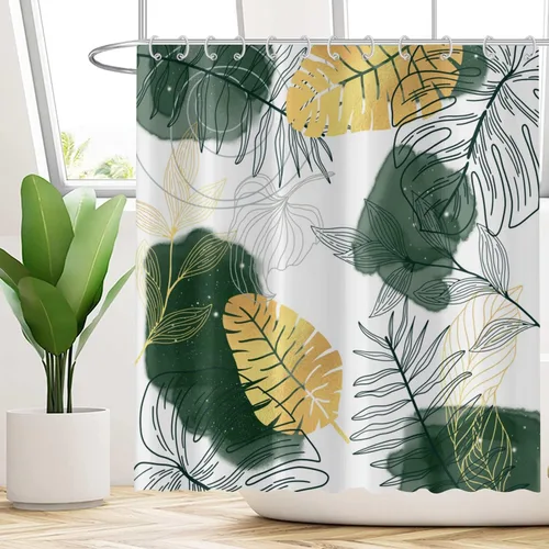 Miniatura 20 de Cortina de ducha bohemia y chic, cortina de baño moderna con hojas tropicales abstractas y ramas botánicas doradas, para decoración del hogar, tela