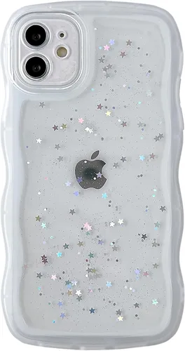 Miniatura 68 de Qokey Funda para iPhone 12 Pro Max de 6.7 pulgadas, diseño de onda rizada, borde transparente, brillante con purpurina, estrella brillante, bonita
