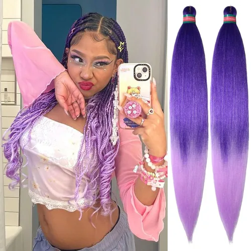 Miniatura 12 de Extensiones de cabello para trenzar verde+verde claro, preestiradas, 2 paquetes, con cabello plumoso pre-trenzado, extensiones de cabello
