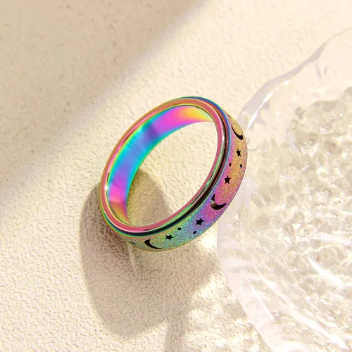 Miniatura 6 de Anillo de ansiedad para mujer, anillos giratorios: anillos giratorios de acero inoxidable de 0.236 pulgadas (0.236 in) con luna y estrella