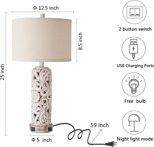 Miniatura 6 de Lámparas de mesa rústicas para sala de estar y dormitorio Lámpara de noche vintage con doble puerto USB, lámparas retro de resina blanca antigua