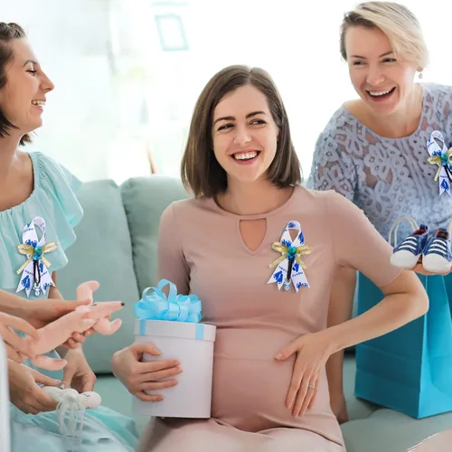 Miniatura 6 de Jexine 50 piezas de broche con lazo para baby shower, broche de cinta con chupete azul y oso para decoración de fiesta de revelación de género