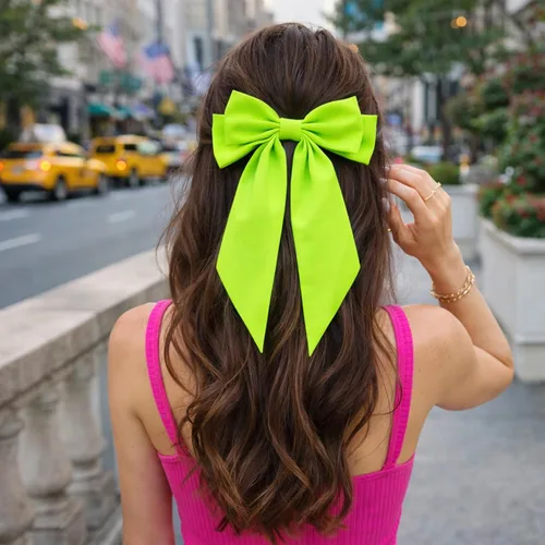 Miniatura 5 de Lazos de neón, 4 lazos grandes de neón para el cabello con colas largas, lazo fluorescente verde lima amarillo verde rosa para niñas, accesorios