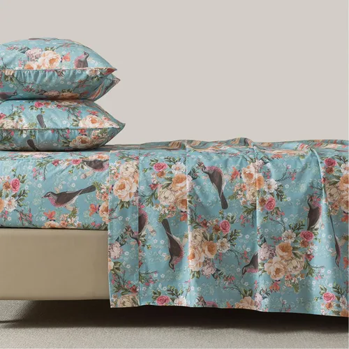 Miniatura 39 de FADFAY Juego de sábanas tamaño King, 100% algodón, elegante ropa de cama de granja con hojas verdes menta y flores blancas, sábana suave