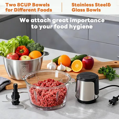 Miniatura 10 de OLIXIS Procesador eléctrico de alimentos, picadora de carne de 450 W y picadora de verduras con 2 tazones para uso doméstico, picadora de alimentos