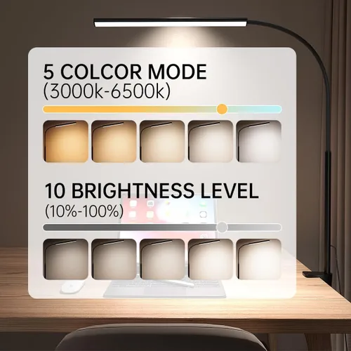 Lámpara de escritorio LED con abrazadera, 5 modos de color y 10 niveles de brillo, luz de escritorio para cuidado de los ojos, cuello de cisne
