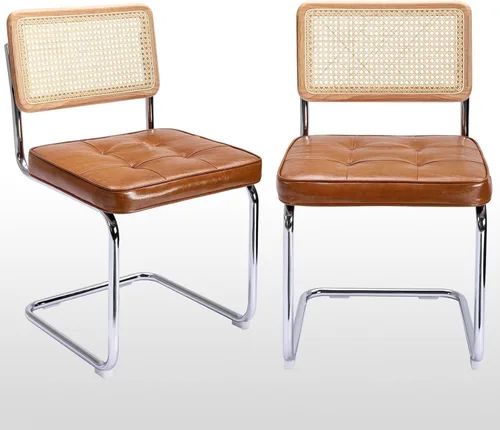 Zesthouse Juego de 2 sillas de comedor de ratán natural, sillas modernas de comedor con respaldo de madera maciza para cocina y sala de estar, Cuero