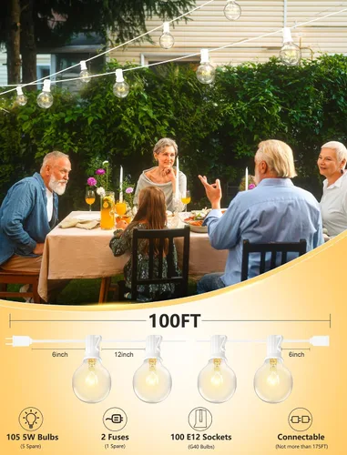 Miniatura 2 de SUNSGNE Guirnalda de luces de patio de 100 pies, luces de cadena G40 para exteriores con 105 bombillas Edison de globo transparente (5 de repuesto)
