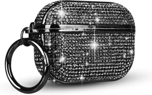 LUVI Funda para Airpods Pro Diamond Bling Bling Glitter Crystal Sparkle Cute para niñas y mujeres, carga inalámbrica, piel de lujo, color negro