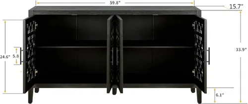 Miniatura 2 de Aparador de buffet Credenzas para sala de estar, mesa de entrada de 60 pulgadas con gabinete de almacenamiento, puertas huecas talladas, negro Azul