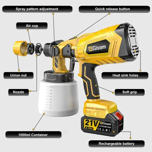 Miniatura 8 de Gisam Pulverizador de pintura HVLP inalámbrico Motor sin escobillas, 2 baterías de 4000 mAh, 5 boquillas de latón Pulverizador de pintura
