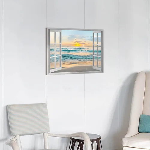 Miniatura 6 de Arte de Lienzo de Ventana Abierta para Pared: Paisaje Costero de Playa al Atardecer Vista de Ventana Falsa Imagen Olas Azules del Océano Pintura