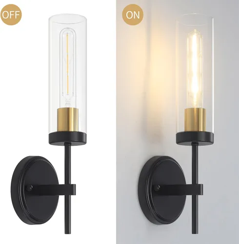 Miniatura 6 de Juego de 2 apliques de pared modernos, luces de tocador de baño negras y doradas con vidrio transparente, juego de 2 apliques de pared con cableado