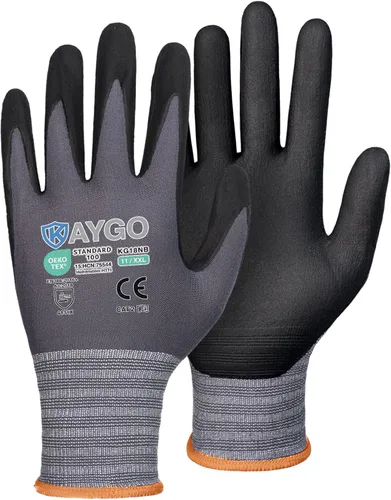Miniatura 47 de KAYGO Guantes de Trabajo de Seguridad con Revestimiento de Nitrilo MicroFoam, 3 Pares KG18NB, Guante de Punto Sin Costuras de Nylon con Dedos Gris