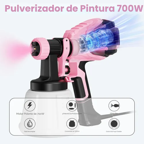 Miniatura 3 de VONFORN Pulverizador de pintura, pistola de pulverización HVLP de 700 W con juntas de limpieza y soplado, 4 boquillas y 3 patrones, fácil de Rosa