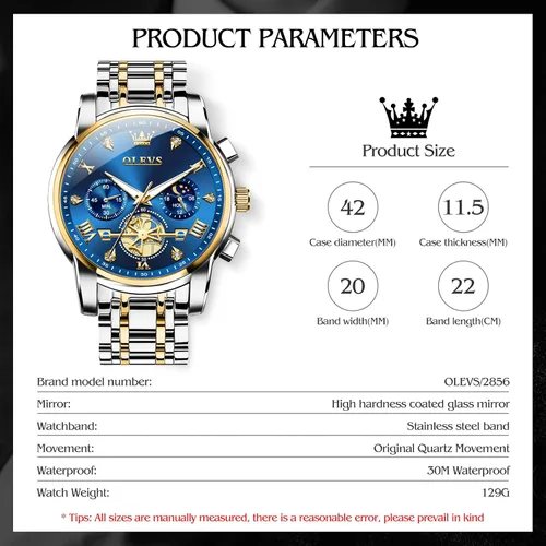 Miniatura 7 de OLEVS Watch Men Luxury Fashion Watches for Men Classic Large Face Stainless Steel Waterproof Mens Watches Analog Quartz Fancy Dress Date Moon Phase