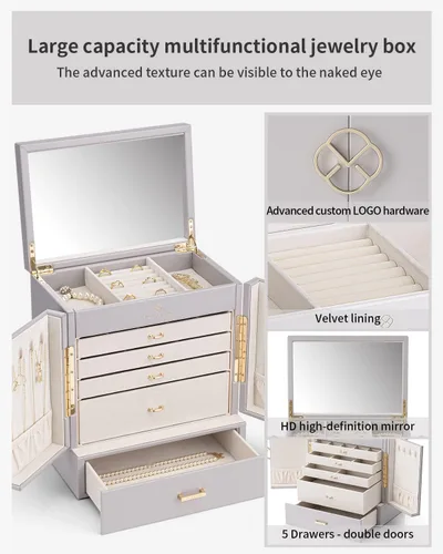 Miniatura 4 de Vlando Caja organizadora de joyas grande, caja de almacenamiento de joyas de 5 capas con espejo y 4 cajones para aretes, collares, anillos
