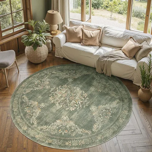 Miniatura 131 de Jinchan Fiora - Alfombra redonda de 8 pies, alfombras vintage con diseño floral envejecido, lavable a máquina, antideslizante, de pelo bajo, Azul