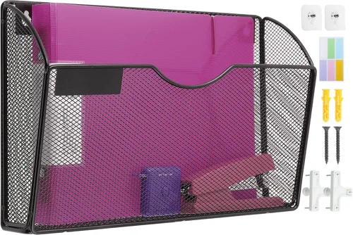 Organizador de archivos de pared de malla con 1 bolsillo, organizador de archivos para colgar en la oficina, revistero, juego de ganchos para