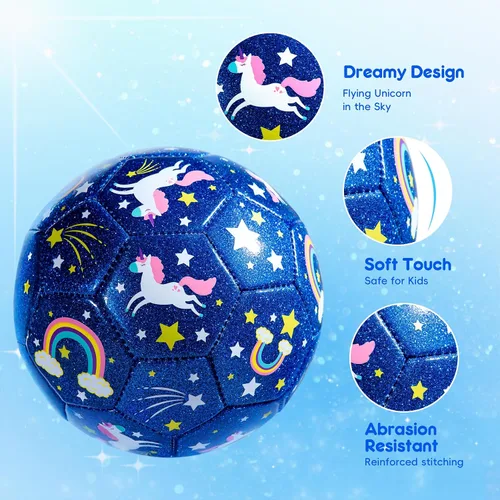 Miniatura 2 de Balón de fútbol para niños, tamaño 3 para niños pequeños de 2 a 5 y 8 años, diseño de dibujos animados con purpurina con bomba desinflada