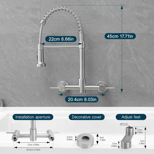 Miniatura 7 de AIMADI Grifos de cocina de montaje en pared, grifo de fregadero de cocina de montaje en pared central de 8 pulgadas con rociador extraíble, diseño