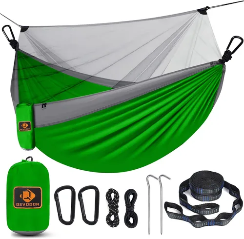 Qevooon Hamaca de Camping con Red, Hamacas Dobles Portátiles Ligeras con Correas para Árboles y Mosquetones Sólidos en Forma de D, Hamaca de Nylon