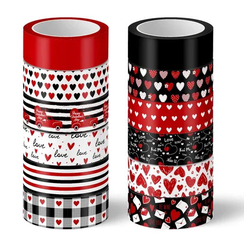 Whaline 12 rollos de cinta Washi para el día de San Valentín, color rojo y negro, diseño de corazón de amor, a cuadros, para boda, álbum de