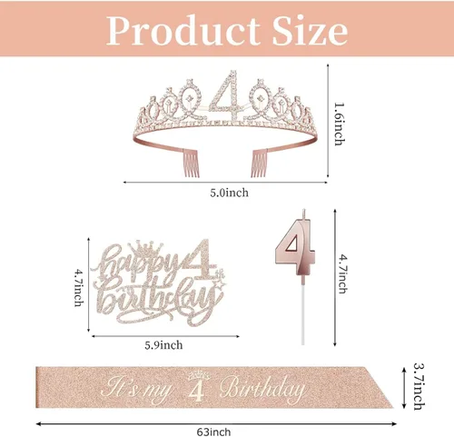 Miniatura 3 de Decoraciones de cumpleaños de 4 años para niña, que incluyen banda, corona, vela numérica y adorno para pastel; suministros de recuerdos de fiesta