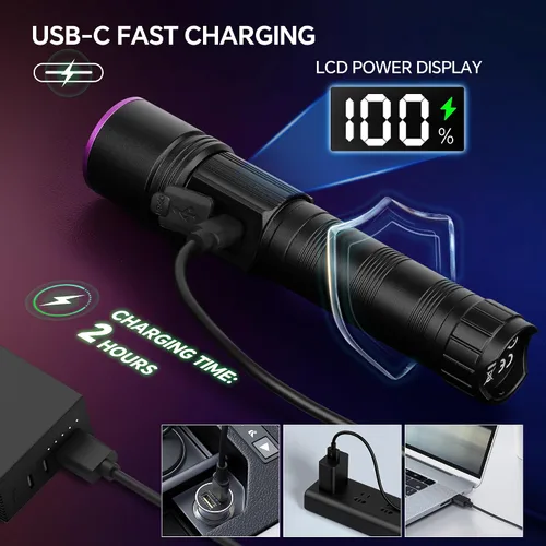 Miniatura 3 de TrixHub Linterna de luz negra de 365 nm, linterna UV recargable con pantalla LCD, potentes luces ultravioleta para detección de orina de mascotas