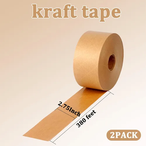 Miniatura 2 de Cinta reforzada de papel kraft activado por agua, paquete de 2, 2.75 pulgadas x 380 pies, longitud total de 760 pies, para embalaje y envío seguros