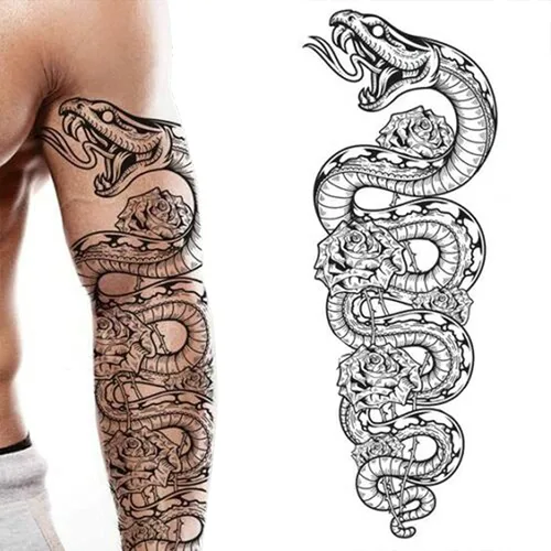 Miniatura 4 de 2 tatuajes temporales de brazo completo serpiente pitón rosas pegadas en transferencia de arte corporal para mujeres y hombres cosplay Halloween