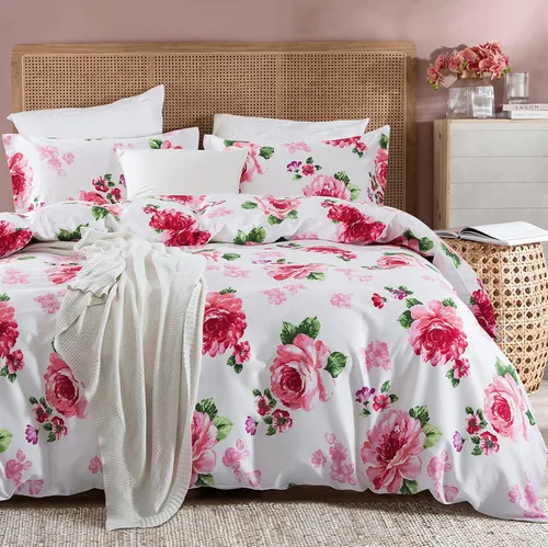 Eikei Juego de funda de edredón y fundas de almohada florales Shabby Chic Cottage Garden Botanical Nature Flowers Col Roses Ppeony Rosy Vines