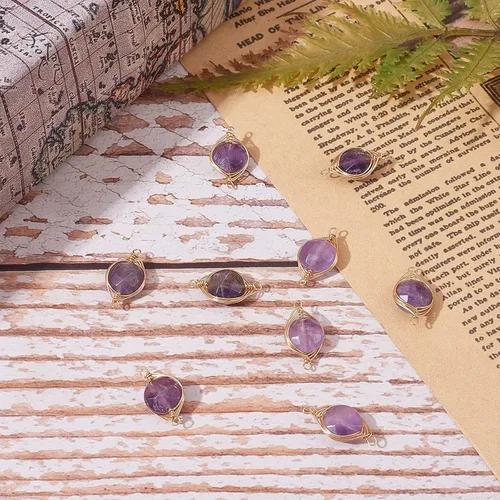 Miniatura 5 de LiQunSweet 10 piezas de eslabones de piedras preciosas de cristal de amatista natural, enlaces envueltos en alambre con alambres de latón dorado
