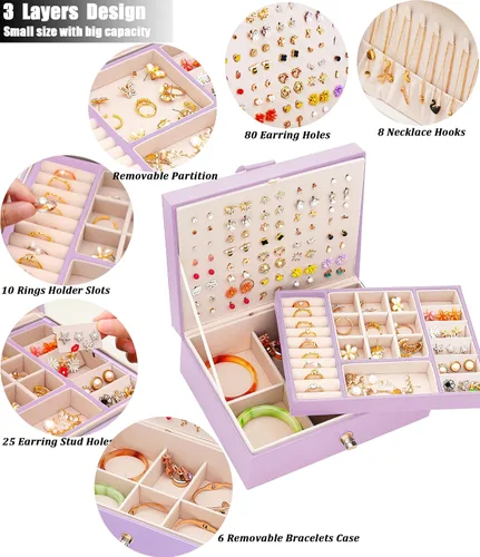 Miniatura 30 de Joyero de pendientes para mujeres y niñas, organizador de aretes de 5 capas, caja organizadora de joyas blanca con candado, collares y aretes
