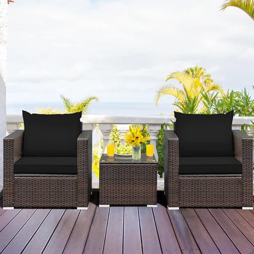Miniatura 3 de COSTWAY Juego de muebles de patio de 3 piezas, sofá de mimbre para exteriores con cojines y mesa auxiliar con vidrio templado, juego moderno de Negro