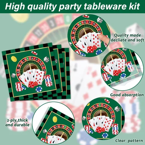Miniatura 4 de Juego vajilla 96 piezas para fiesta con temática de casino, decoraciones fiesta cumpleaños Las Vegas, platos de papel de postre, servilletas