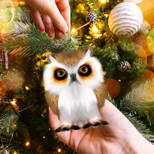 Miniatura 6 de Sratte Adorno navideño de búho peludo, lindo adorno de animal colgante para árbol de Navidad, fiesta de carnaval (marrón, 12 piezas)